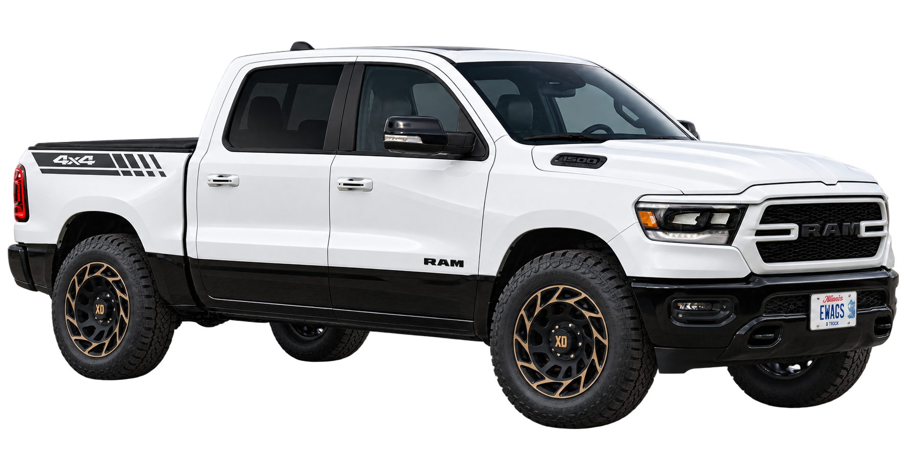 Eric’s white Ram 1500 with glossy black lower trim, black and bronze XD wheels, 4x4 bed stripe, EWAGS plate and retracted power running boards